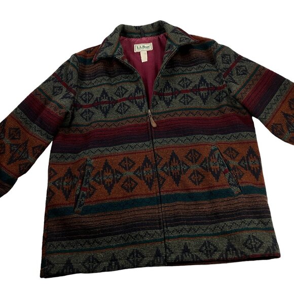 Vintage LL Bean Wool Aztec Jacket Mens Size L TALL Southwest Barn Chore Coat - Picture 1 of 13